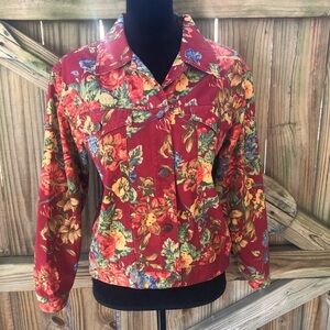 Susan Bristol Red Floral Cotton Button Up Jean Style Jacket Size S